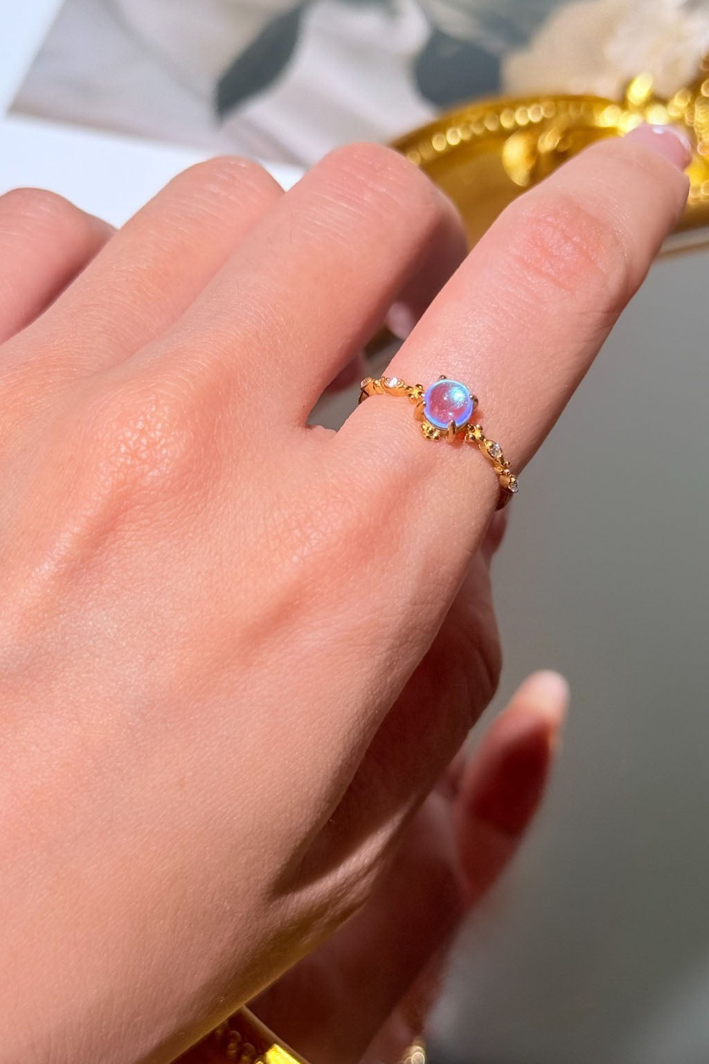 925 Sterling Silver Dreamy Blue Moonstone Starry Flower Vine Ring
