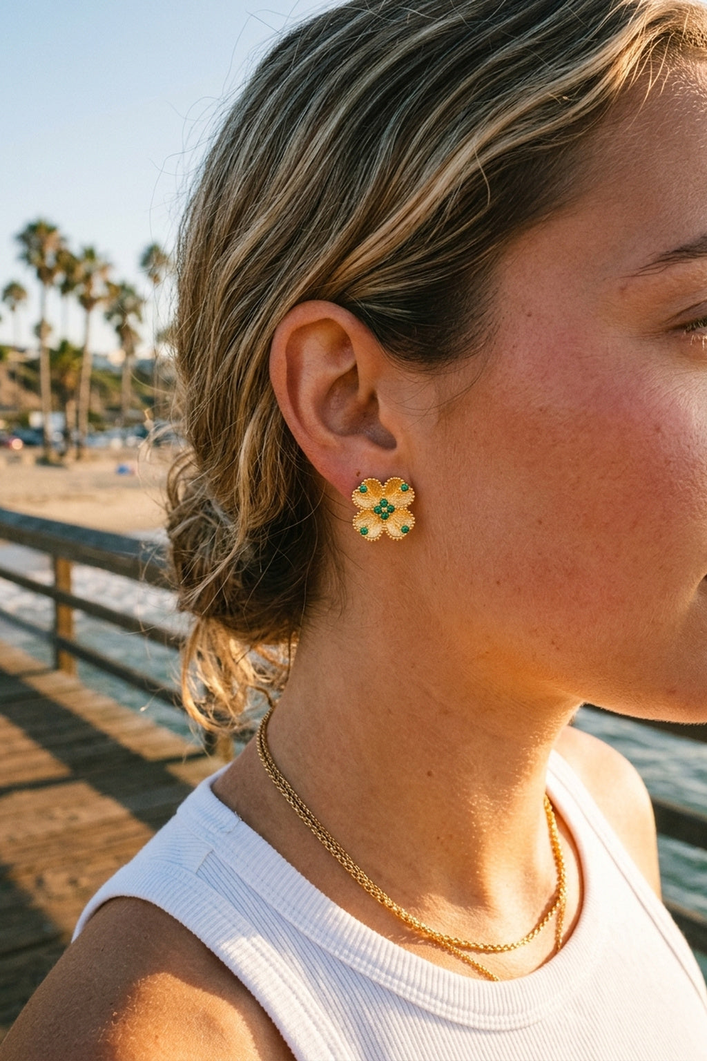 Emerald Bloom Textured Gold Stud Earrings