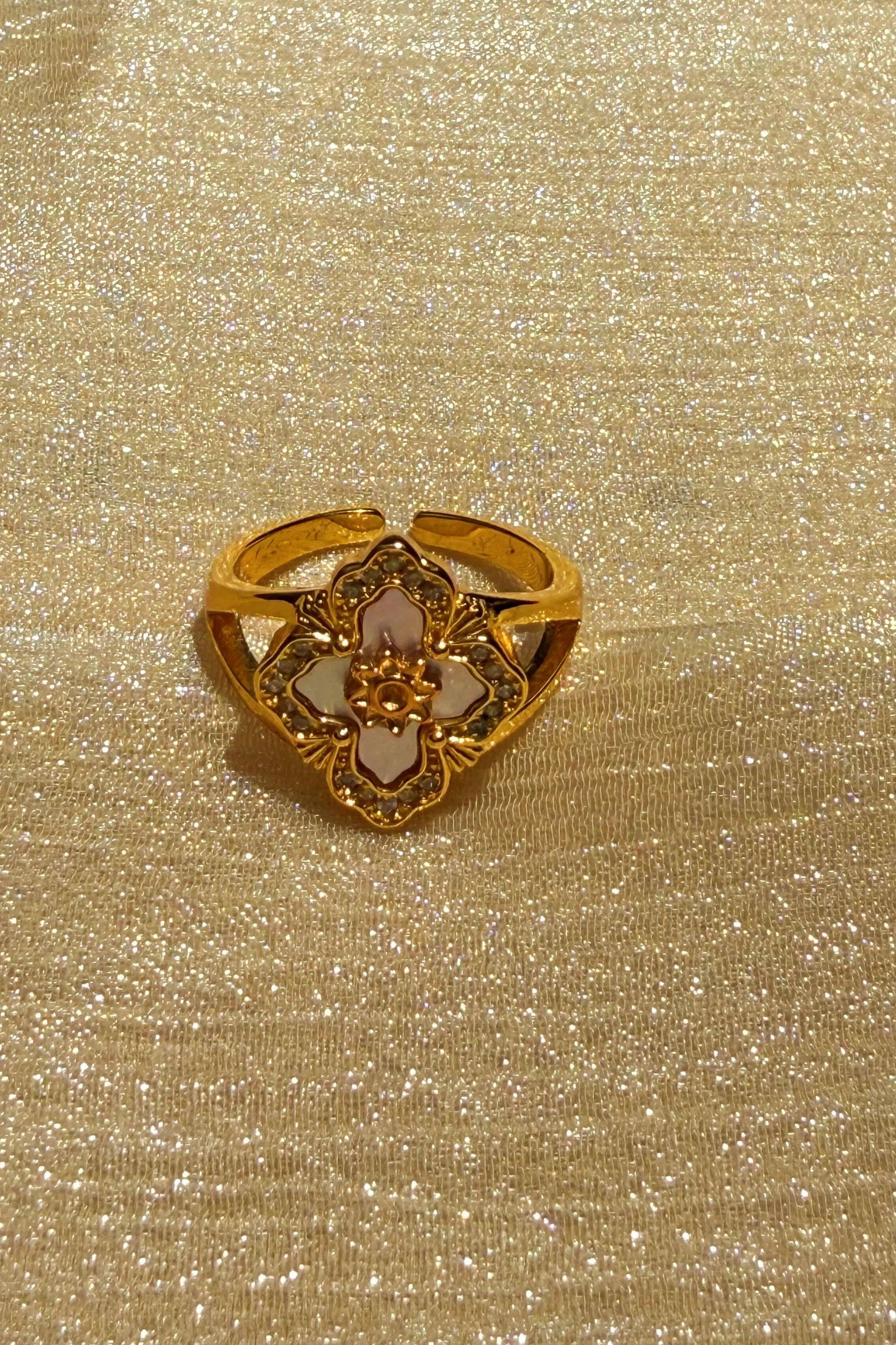 Celestial Bloom White Enamel Crystal Open Ring