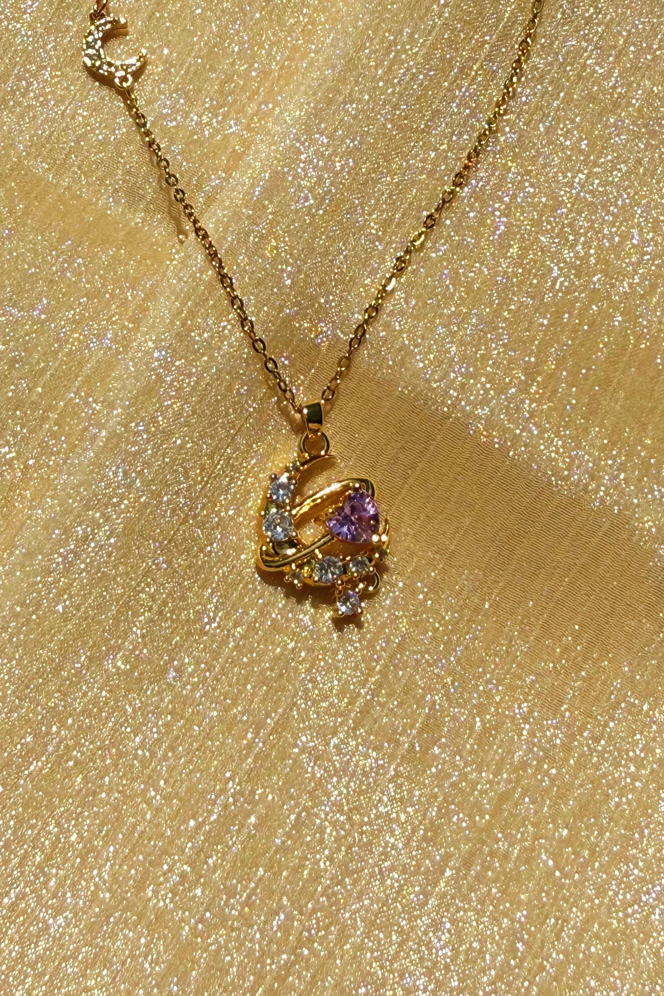18K Real Gold Plated Stainless Steel Celestial Orbit Pink Heart Crystal Pendant Necklace