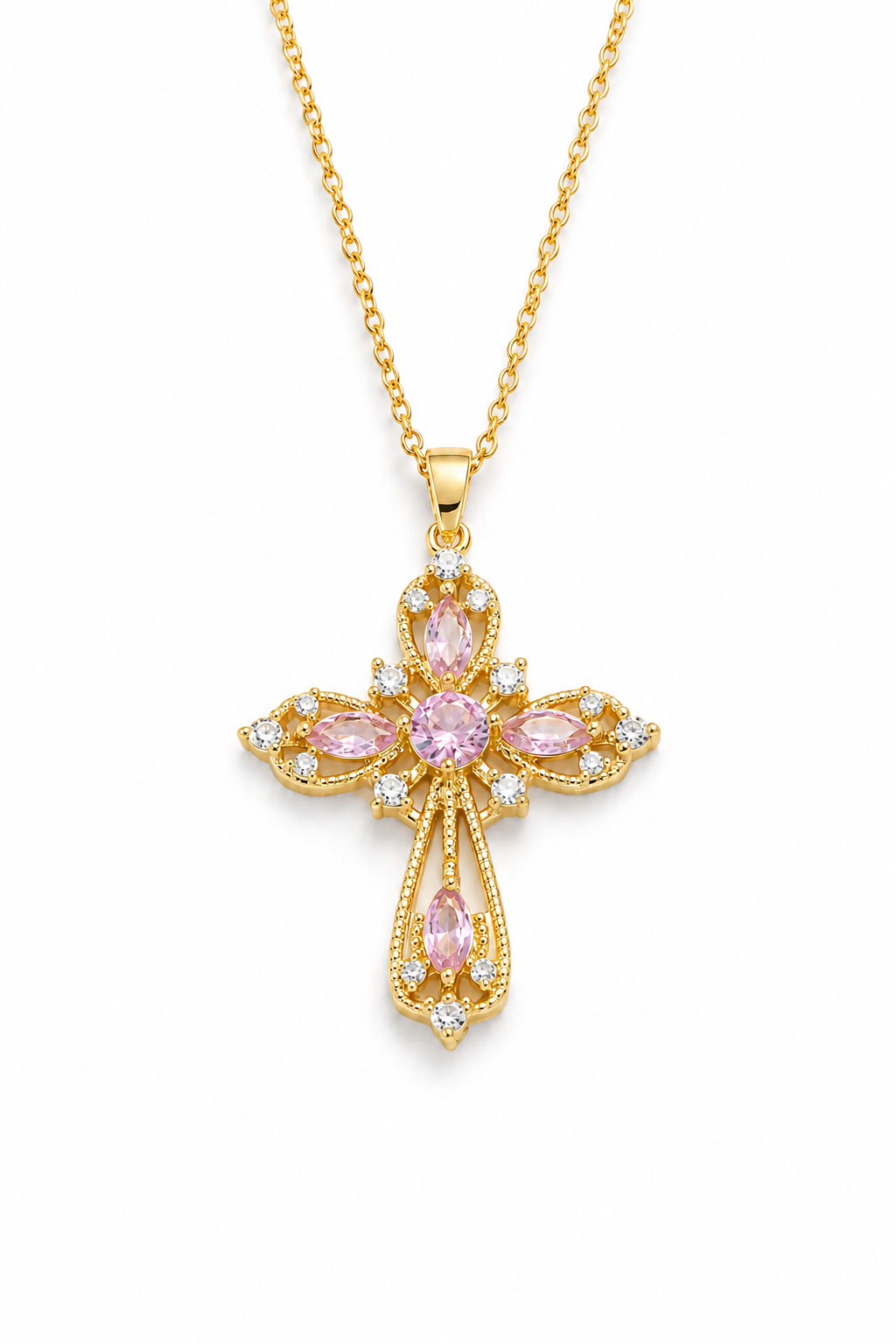 18K Real Gold Plated Stainless Steel  Blush Halo Pink Crystal Cross Pendant Necklace