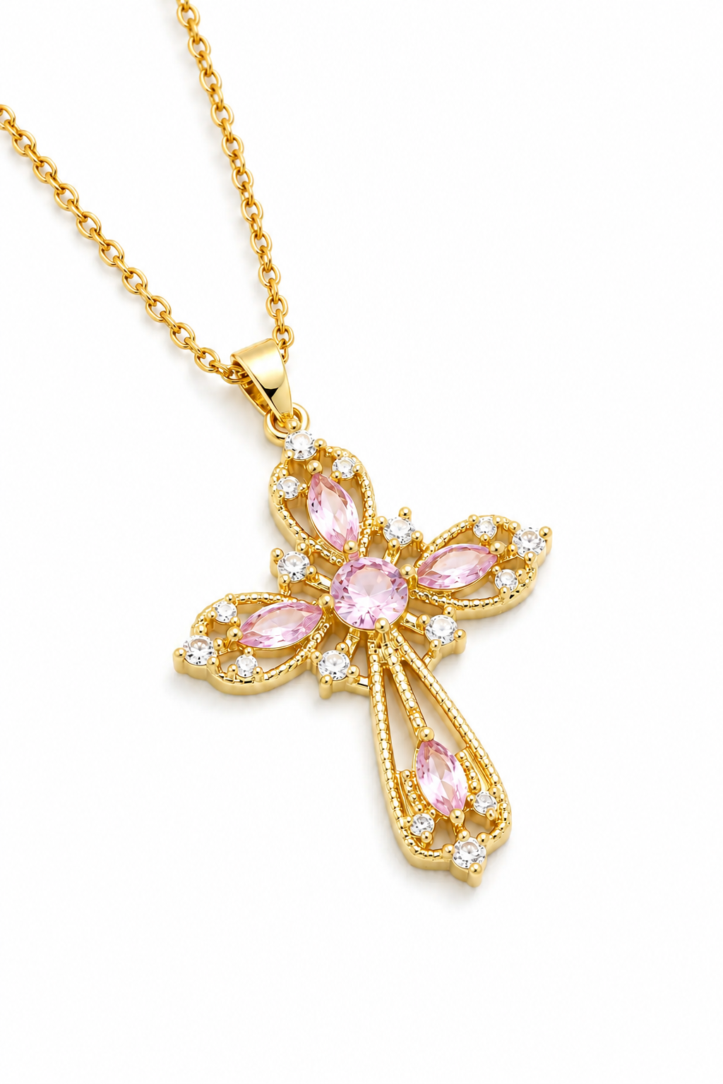 18K Real Gold Plated Stainless Steel  Blush Halo Pink Crystal Cross Pendant Necklace
