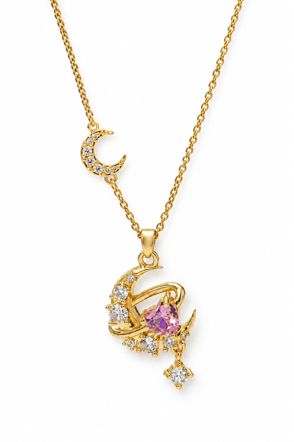 18K Real Gold Plated Stainless Steel Celestial Orbit Pink Heart Crystal Pendant Necklace