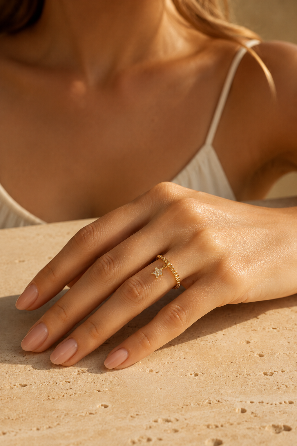 Gold Star Zircon Charm Chain Ring
