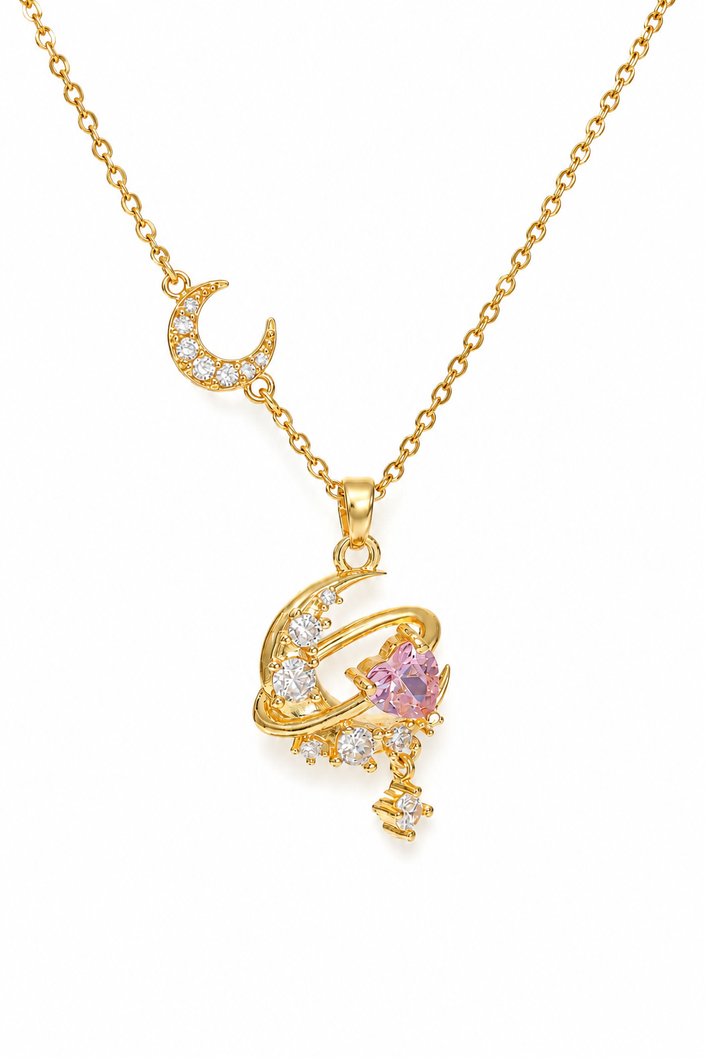 18K Real Gold Plated Stainless Steel Celestial Orbit Pink Heart Crystal Pendant Necklace