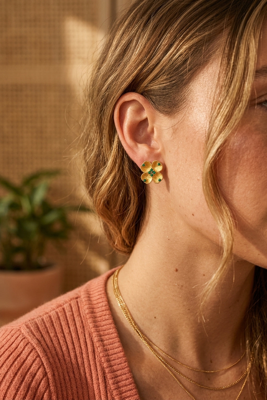 Emerald Bloom Textured Gold Stud Earrings