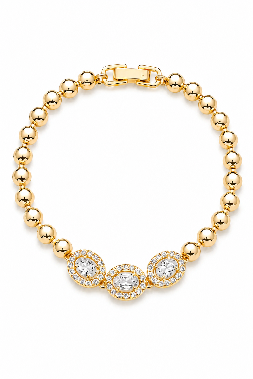 18K Real Gold Plated Triple Oval Cubic Zirconia Beaded Bracelet