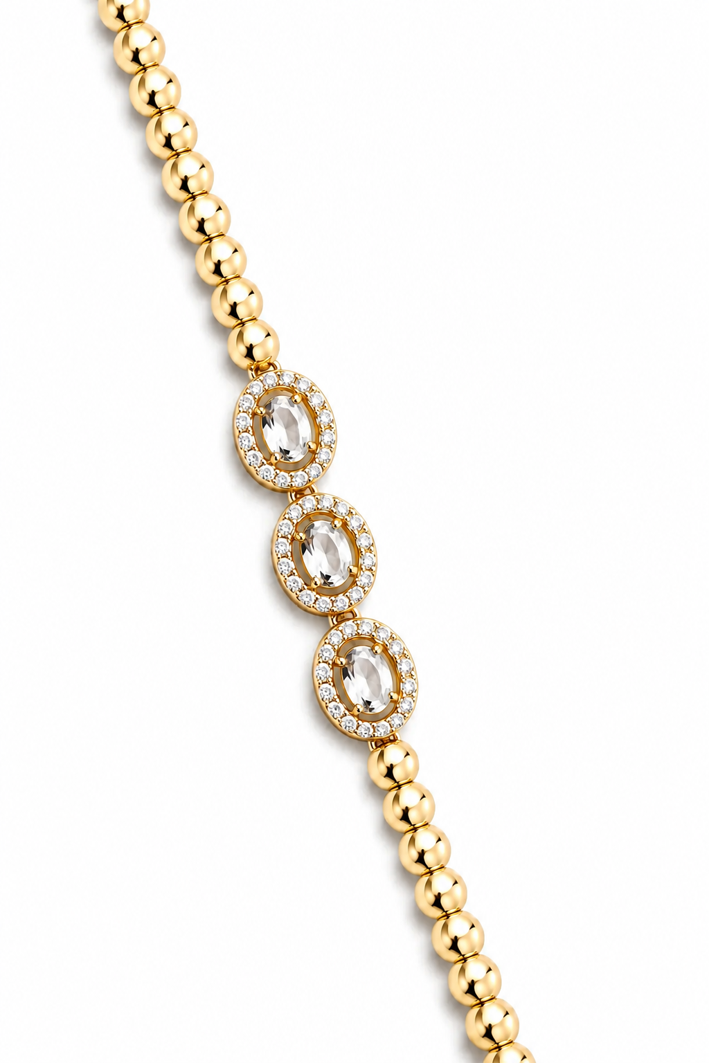 18K Real Gold Plated Triple Oval Cubic Zirconia Beaded Bracelet