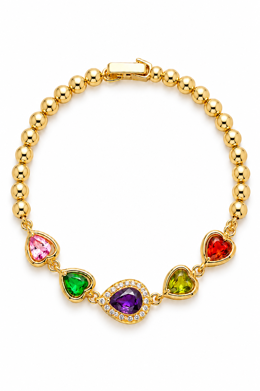 Rainbow Heart Gemstone Gold Beaded Bracelet
