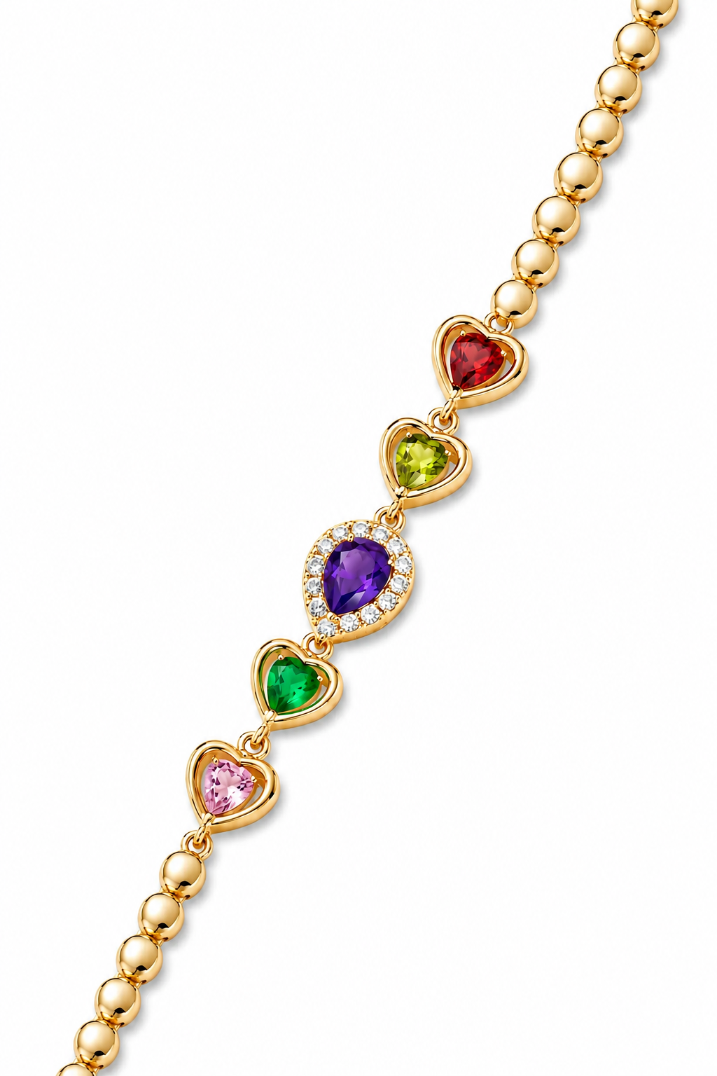 Rainbow Heart Gemstone Gold Beaded Bracelet