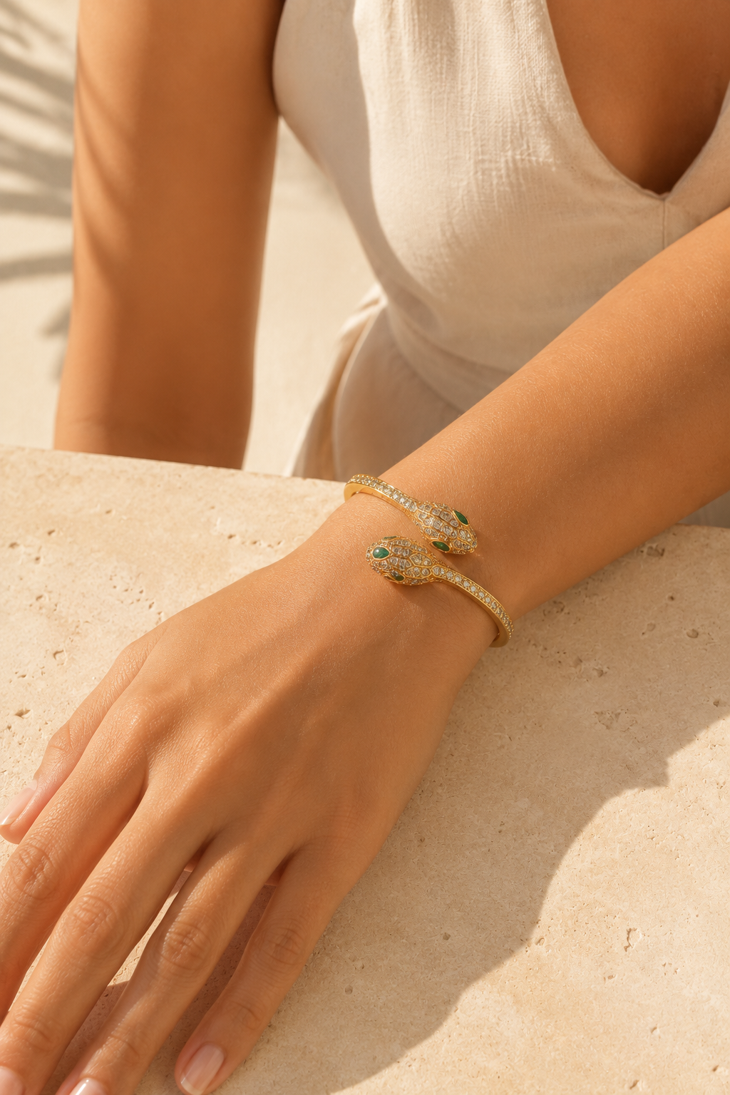Emerald-Eyed Golden Serpent Crystal Bangle