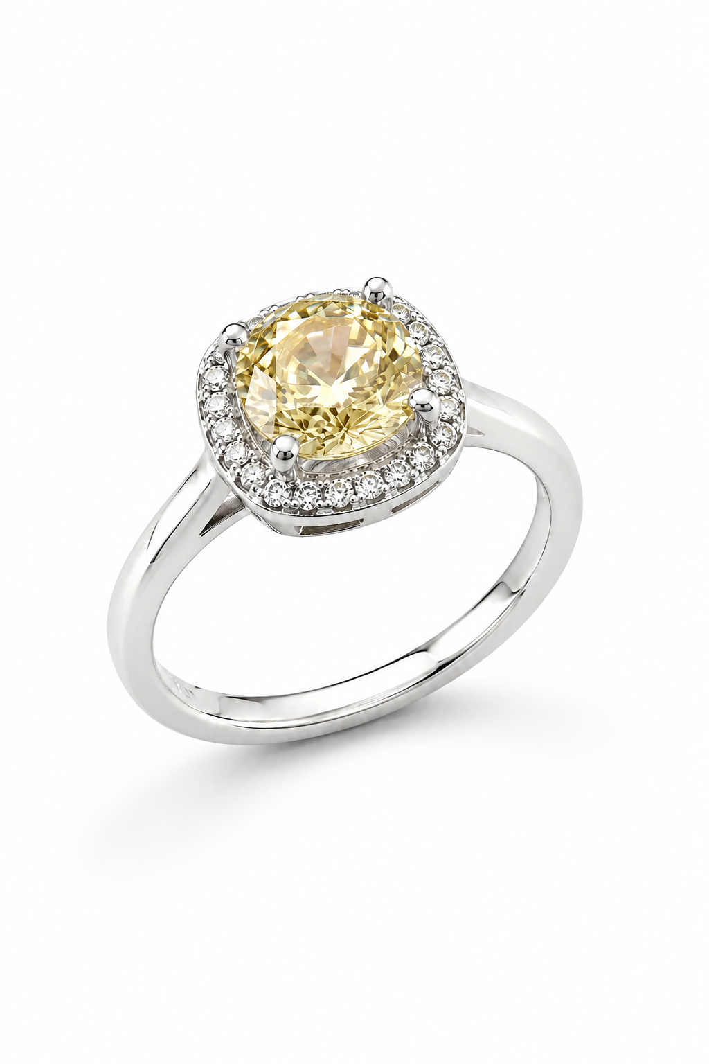 Lemon Glow Halo Ring – Cushion-Cut Yellow Gemstone Ring