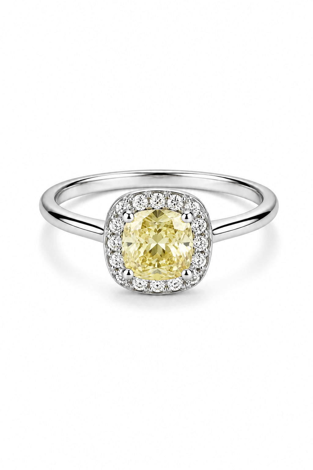 Lemon Glow Halo Ring – Cushion-Cut Yellow Gemstone Ring