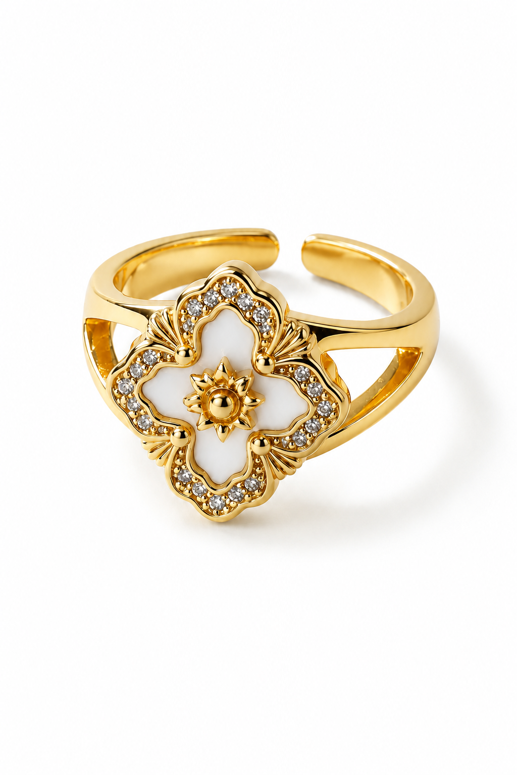 Celestial Bloom White Enamel Crystal Open Ring