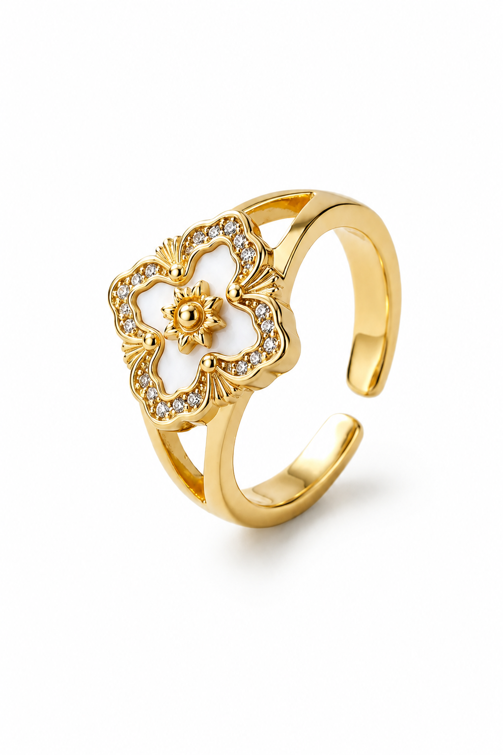 Celestial Bloom White Enamel Crystal Open Ring