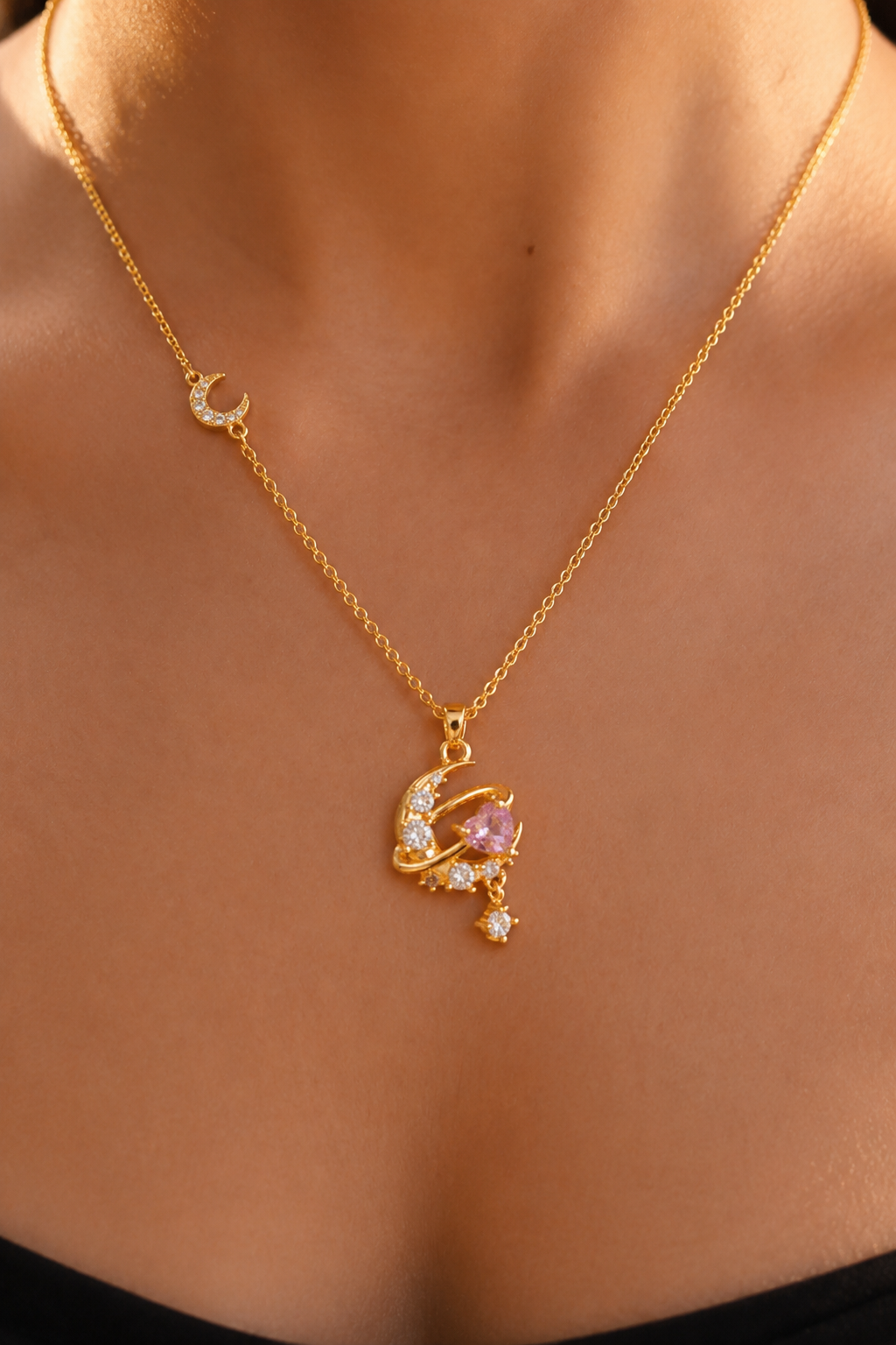 18K Real Gold Plated Stainless Steel Celestial Orbit Pink Heart Crystal Pendant Necklace