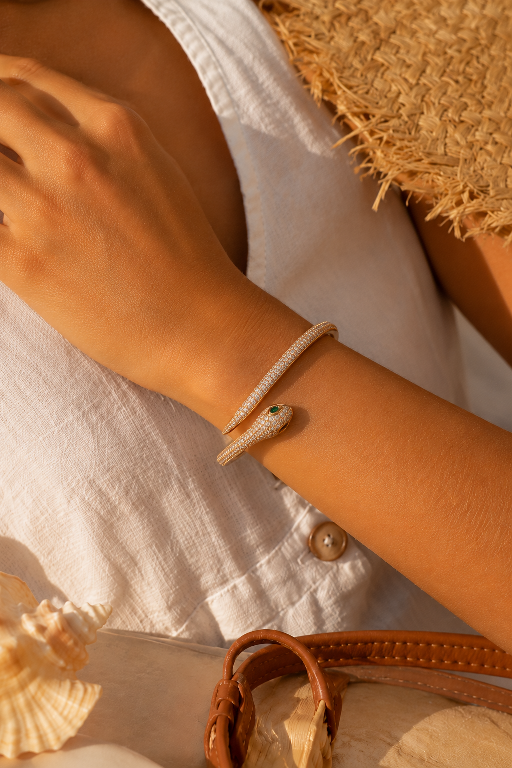 Golden Serpent Pavé Crystal Cuff Bangle