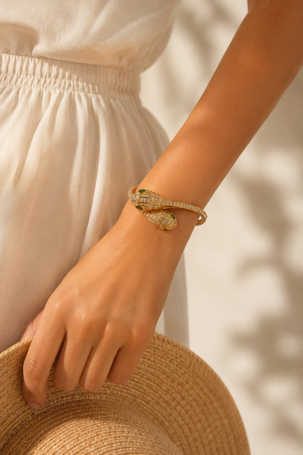 Emerald-Eyed Golden Serpent Crystal Bangle