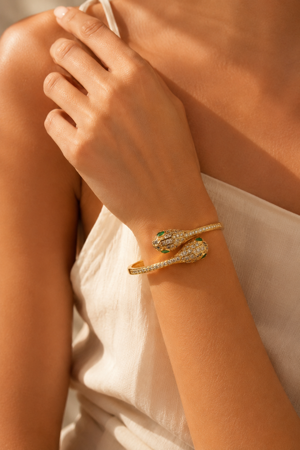 Emerald-Eyed Golden Serpent Crystal Bangle