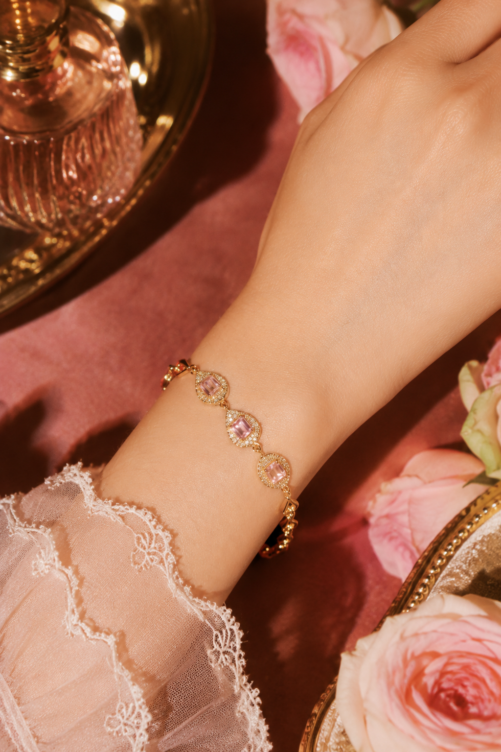 18K Real Gold  Plated Pink Gemstone Teardrop Bracelet