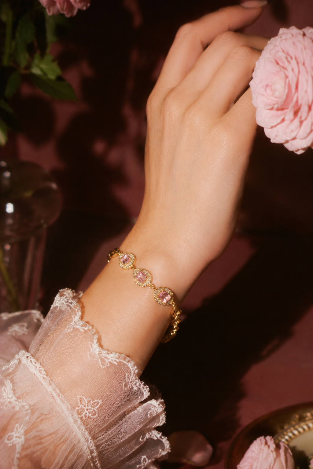 18K Real Gold  Plated Pink Gemstone Teardrop Bracelet