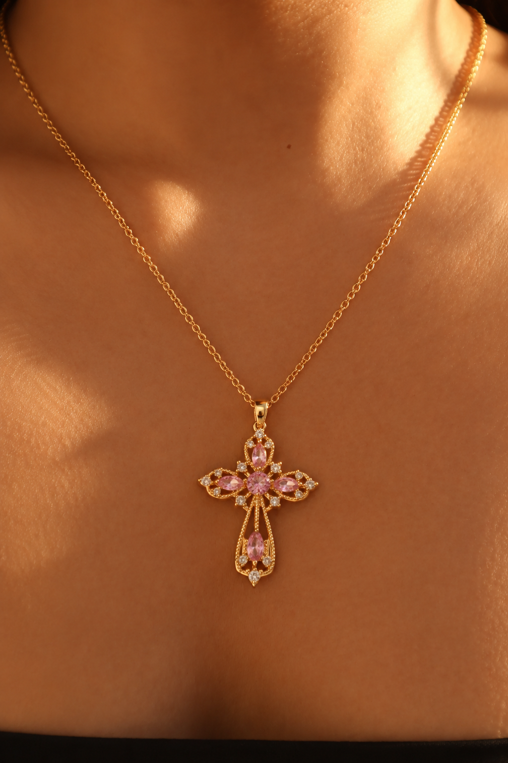 18K Real Gold Plated Stainless Steel  Blush Halo Pink Crystal Cross Pendant Necklace