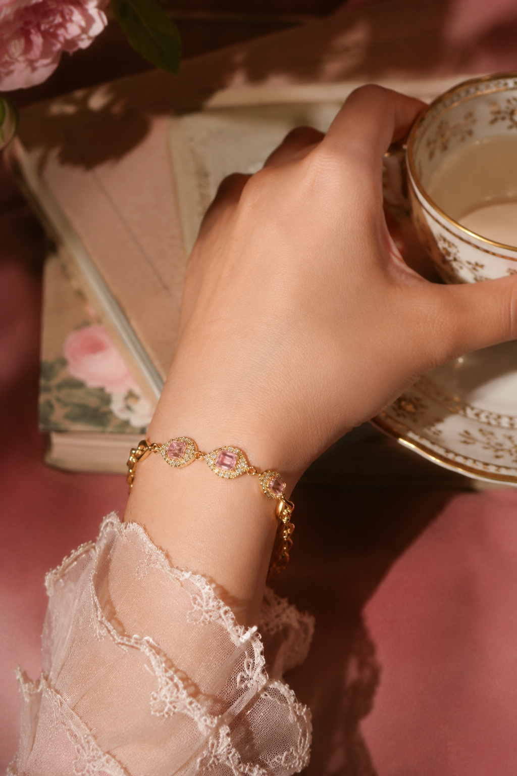 18K Real Gold  Plated Pink Gemstone Teardrop Bracelet