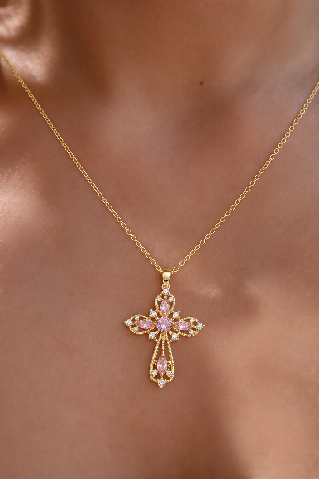 18K Real Gold Plated Stainless Steel  Blush Halo Pink Crystal Cross Pendant Necklace
