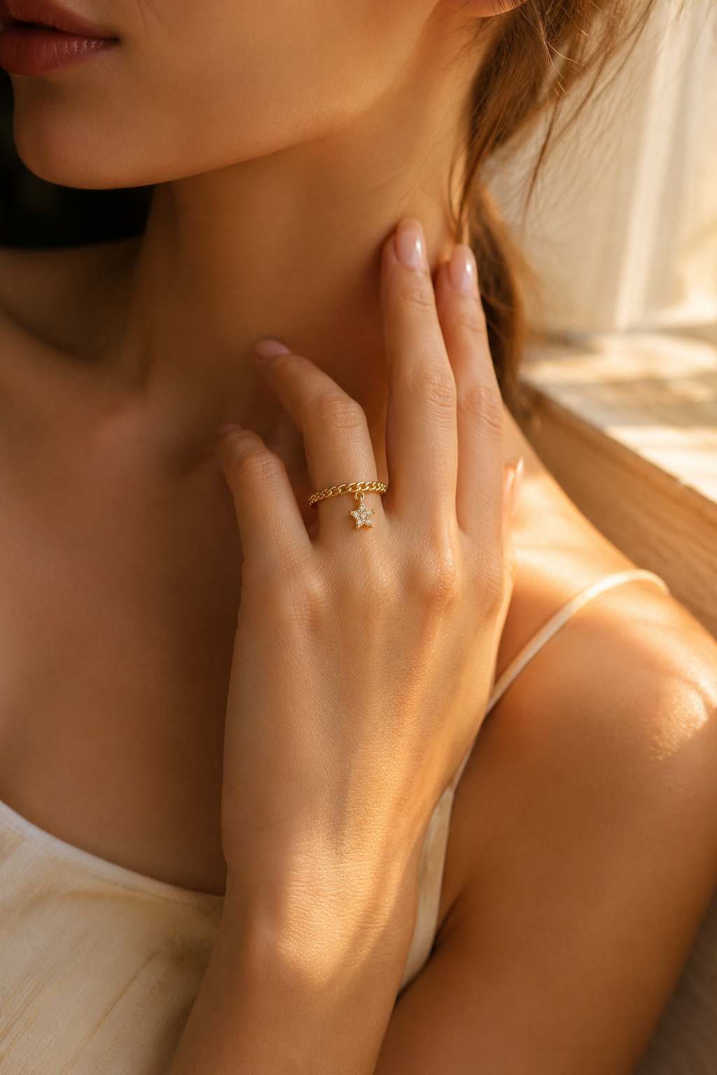 Gold Star Zircon Charm Chain Ring