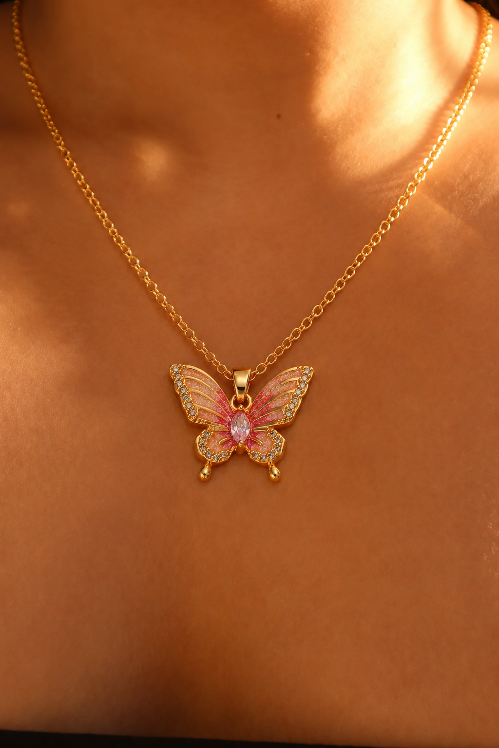 18K Gold-Plated Stainless Steel Crystal Butterfly Necklace