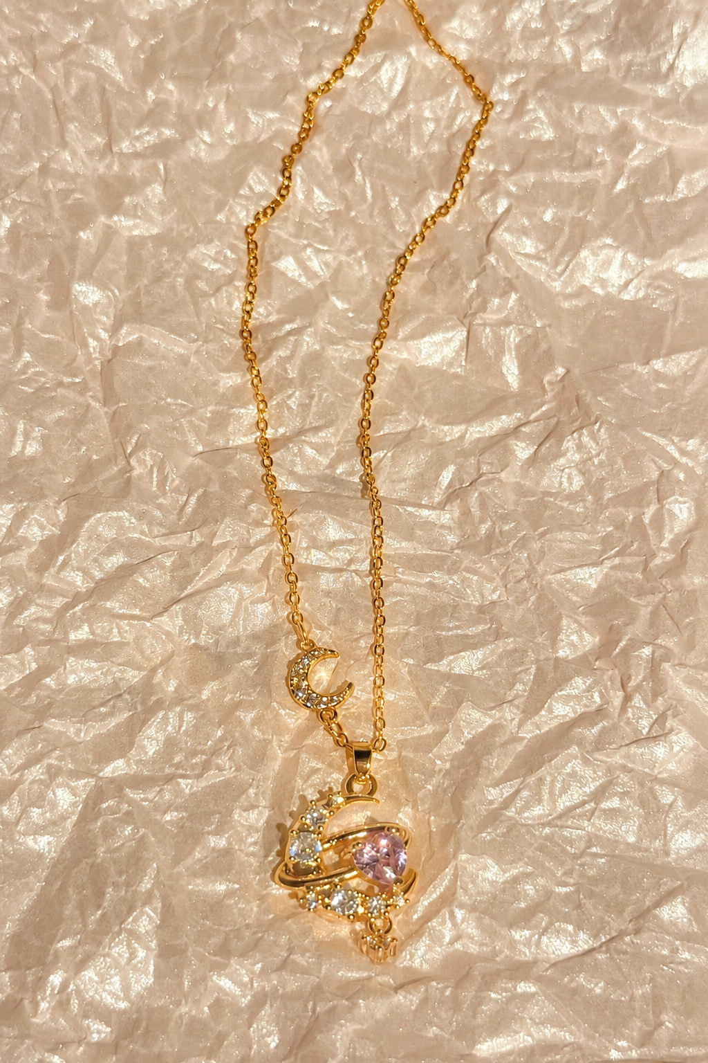 18K Real Gold Plated Stainless Steel Celestial Orbit Pink Heart Crystal Pendant Necklace