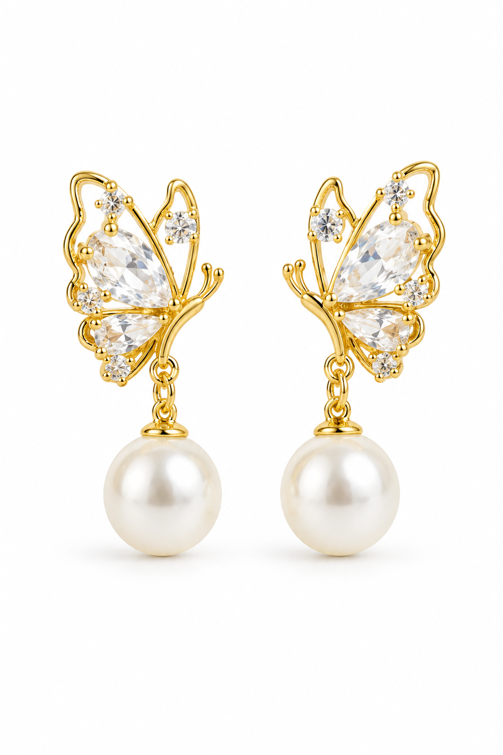 Golden Butterfly Crystal Pearl Drop Earrings