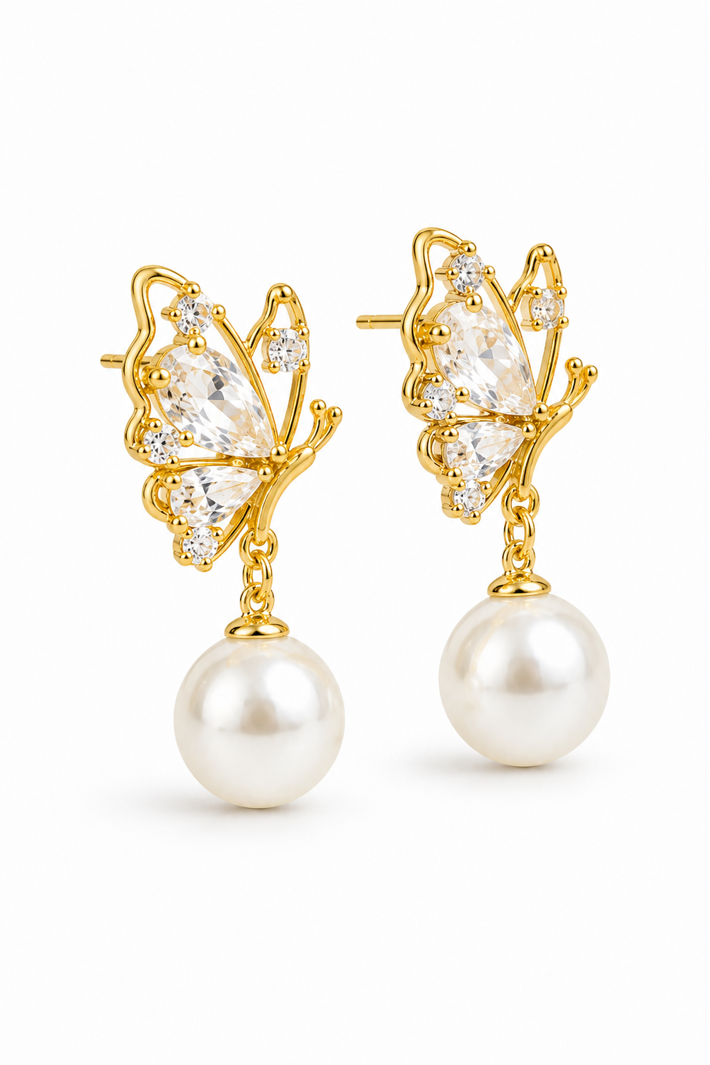 Golden Butterfly Crystal Pearl Drop Earrings
