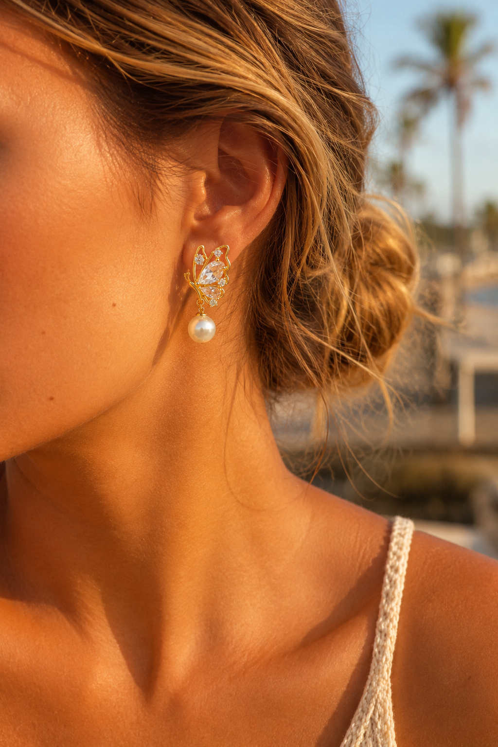 Golden Butterfly Crystal Pearl Drop Earrings