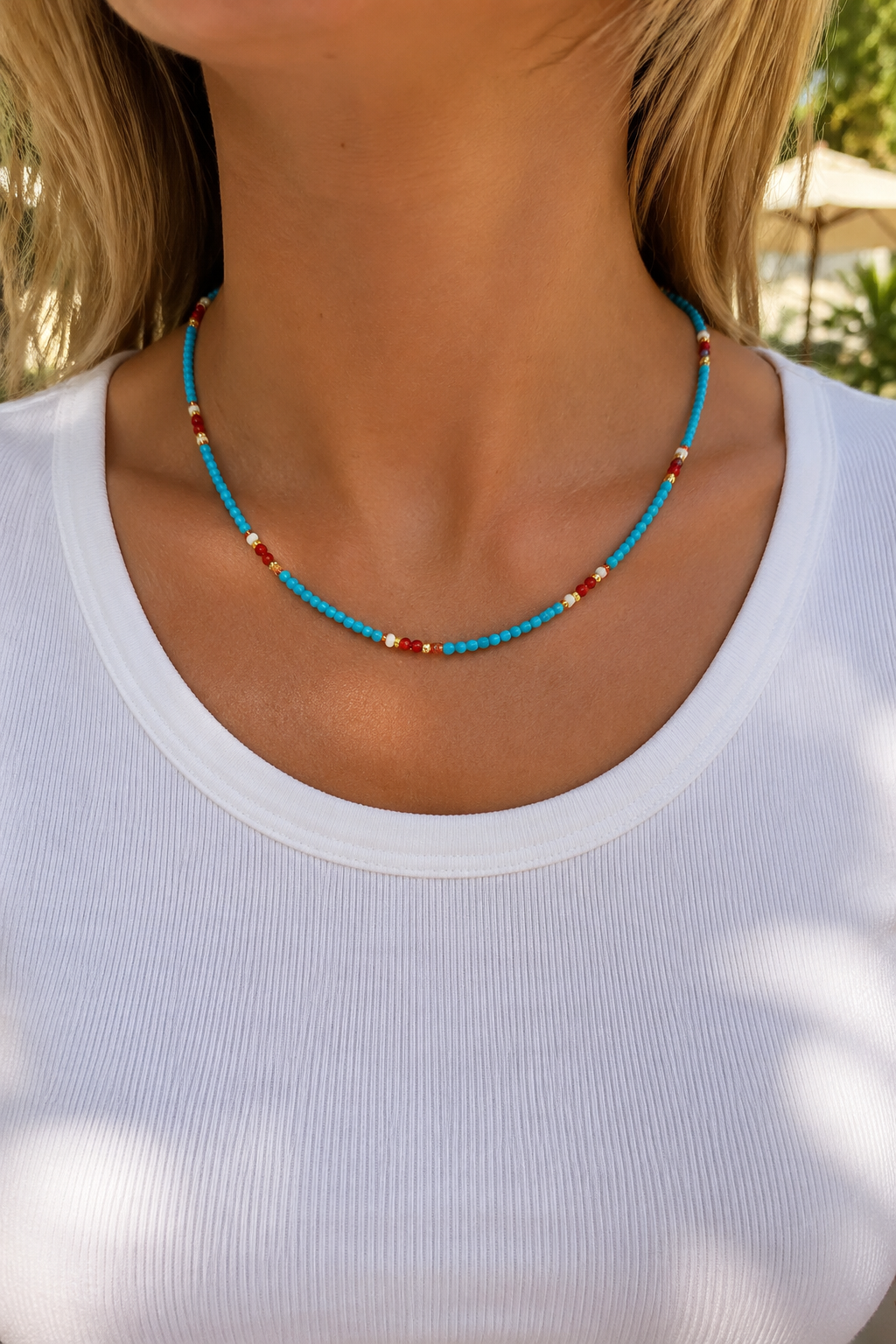 Turquoise & White Mother-of-Pearl Coastal Beaded Necklace