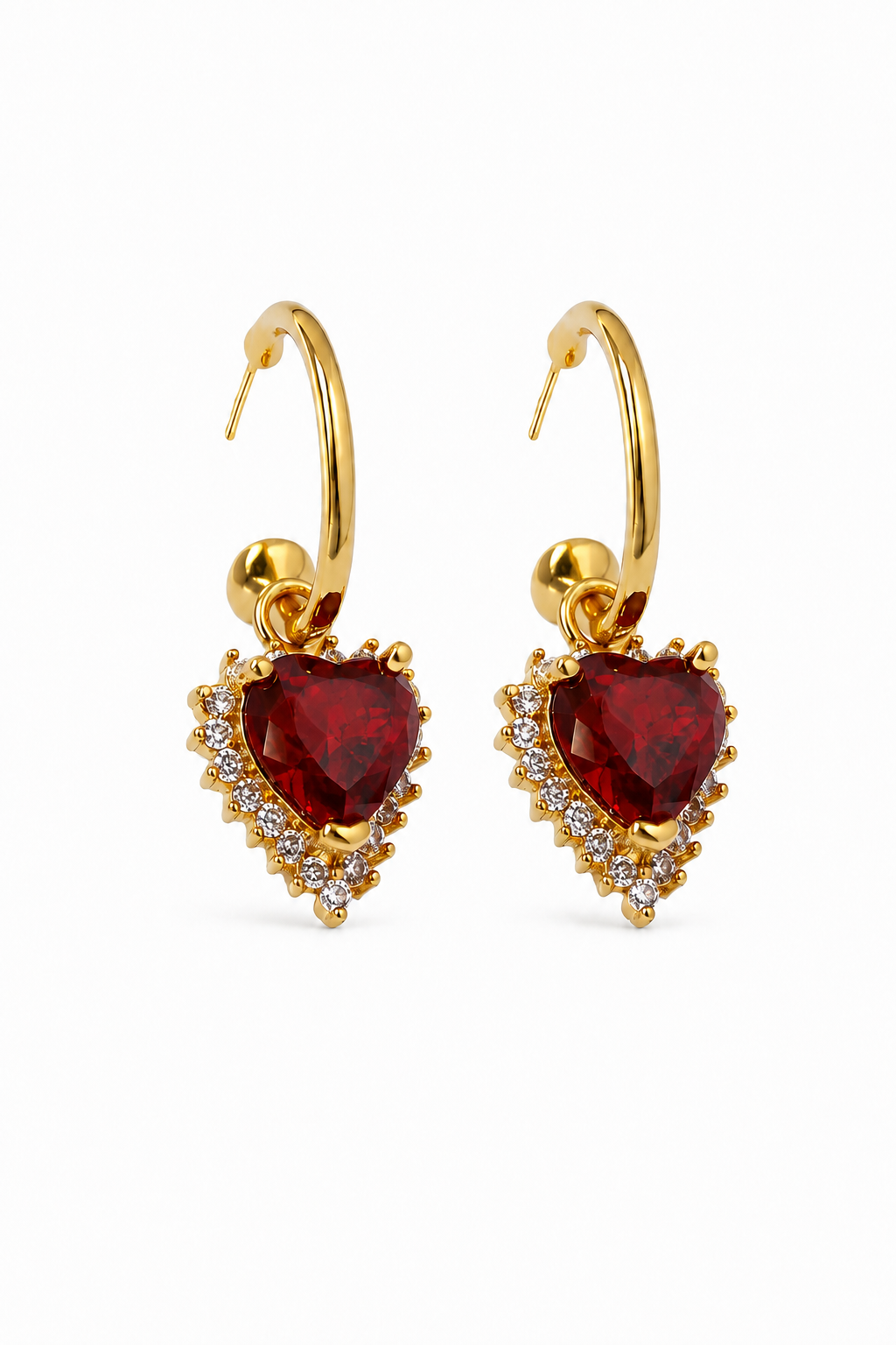 18K Real Gold Plated Brass Ruby-Red Heart  Earrings