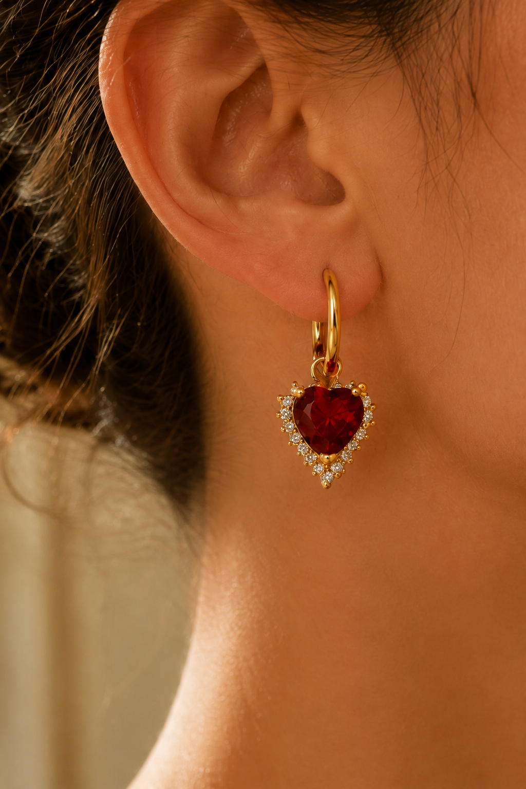 18K Real Gold Plated Brass Ruby-Red Heart  Earrings