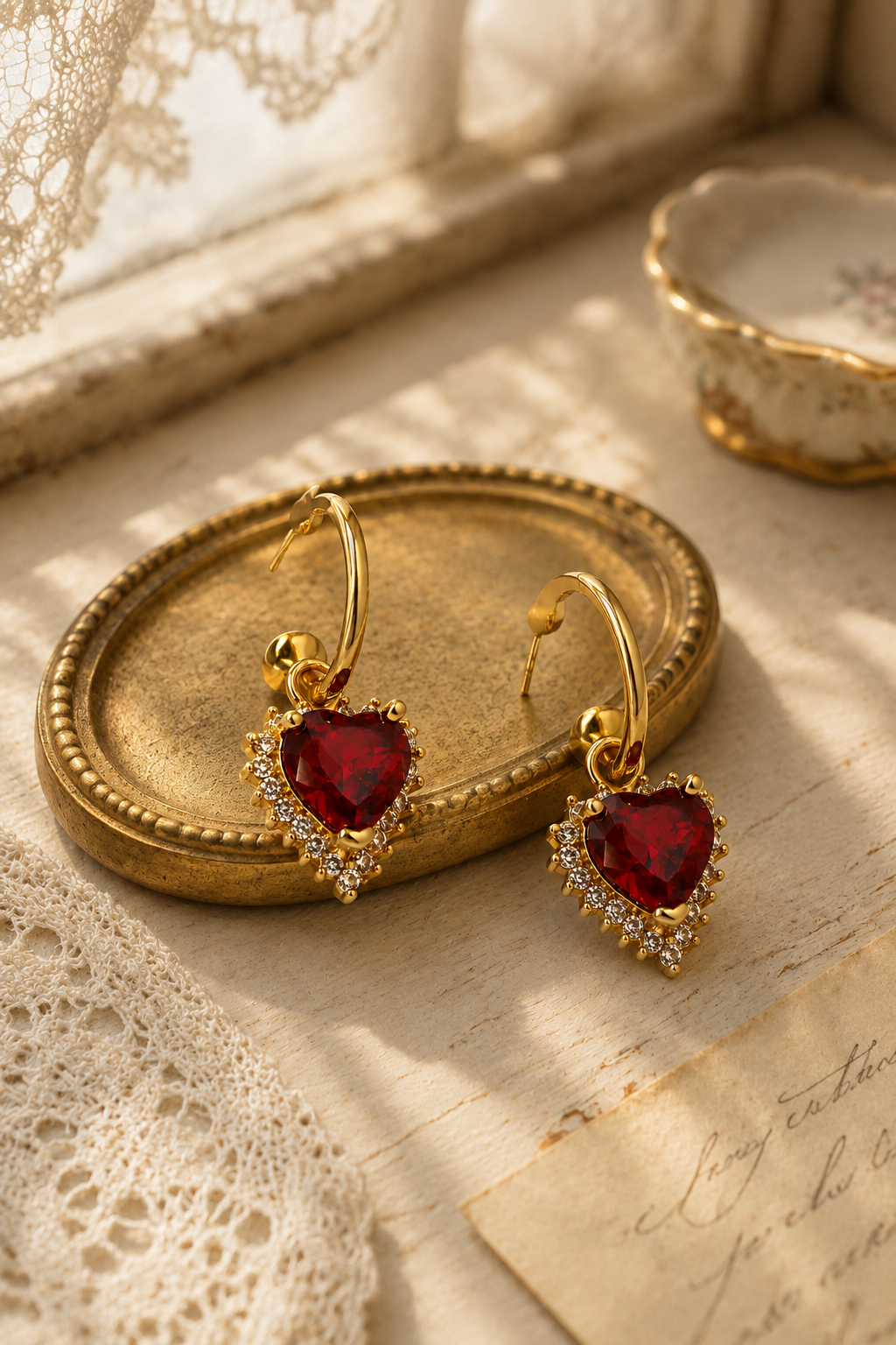 18K Real Gold Plated Brass Ruby-Red Heart  Earrings