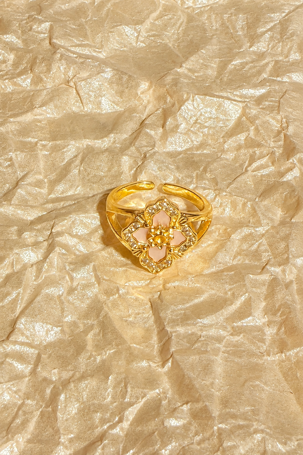 Celestial Bloom White Enamel Crystal Open Ring