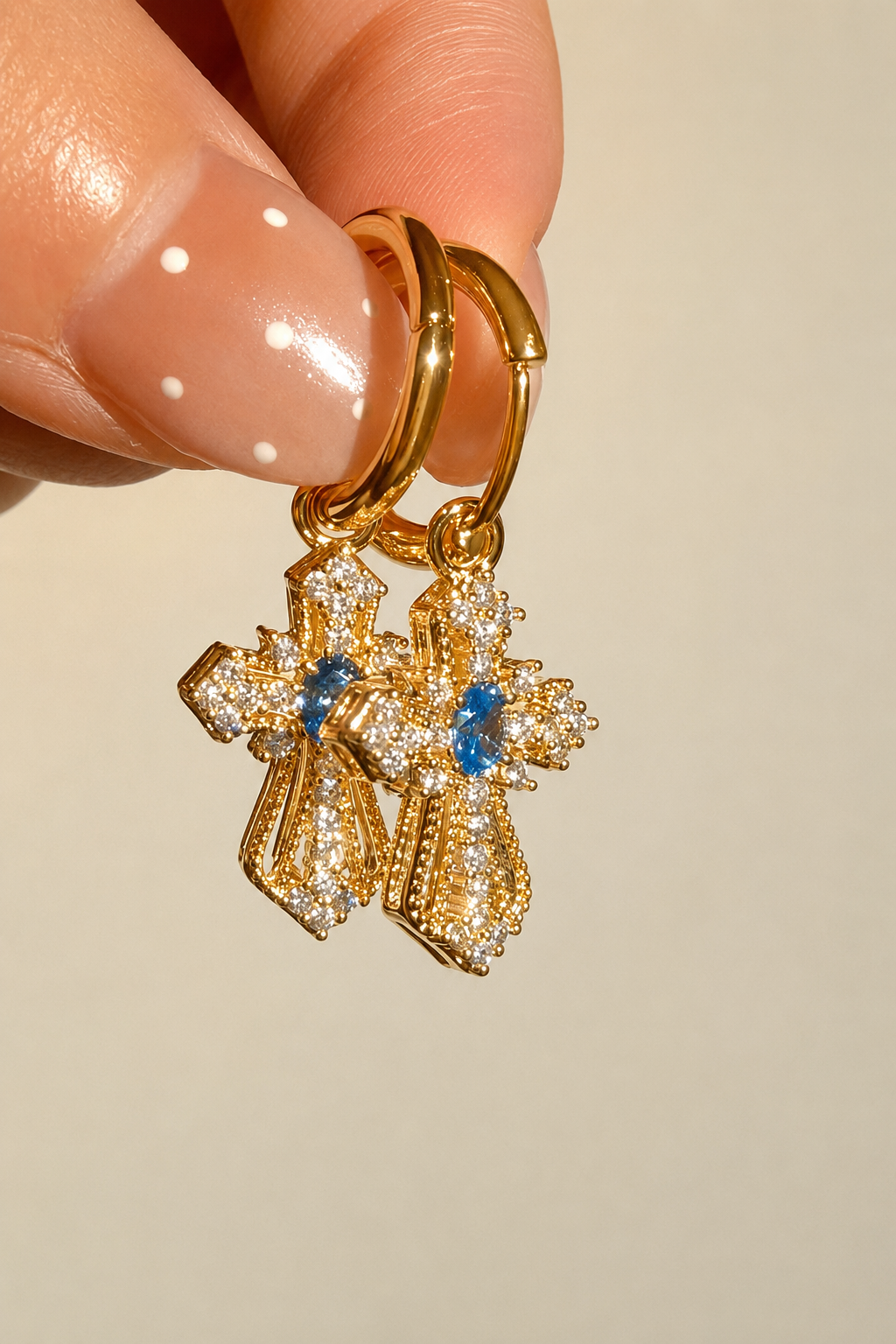 Sapphire Cross Pavé Gold Hoop Earrings