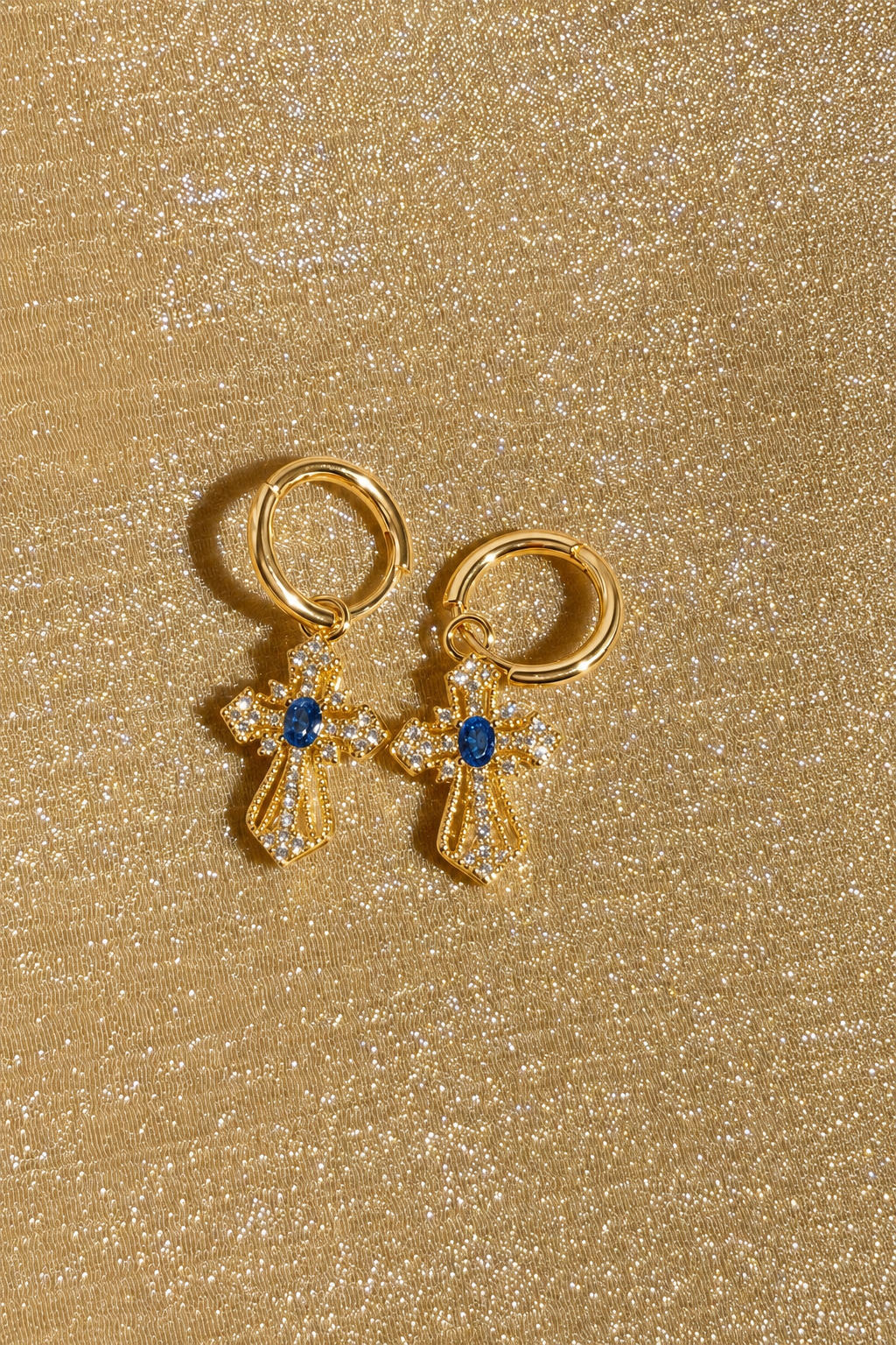 Sapphire Cross Pavé Gold Hoop Earrings