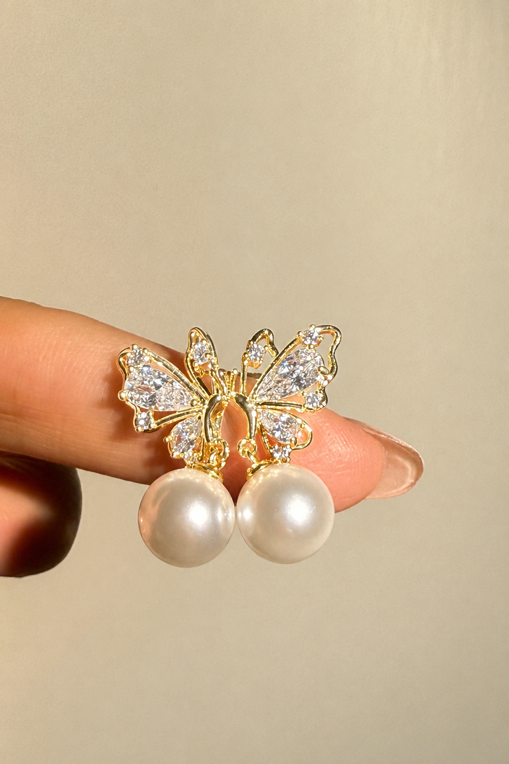 Golden Butterfly Crystal Pearl Drop Earrings