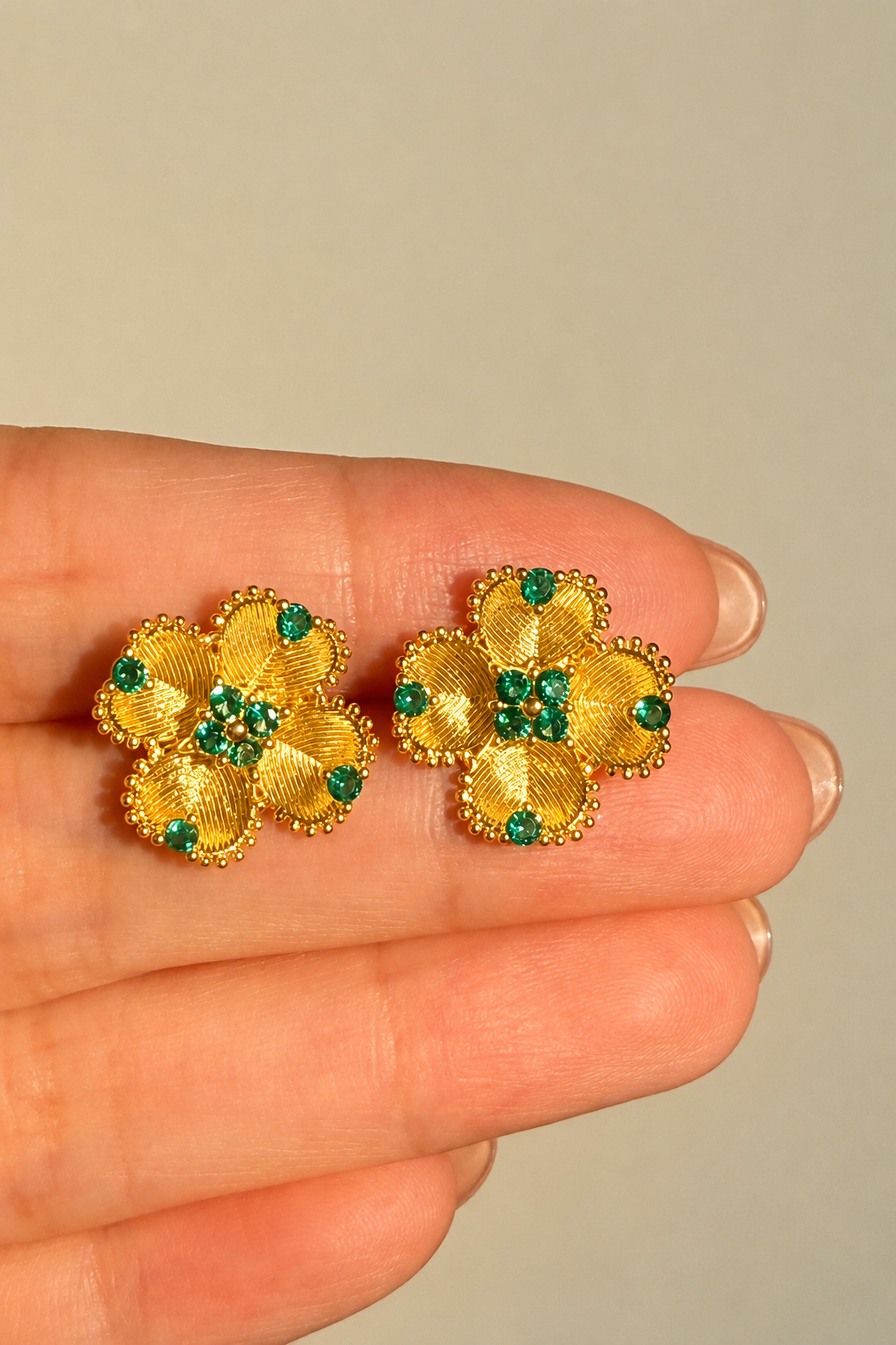 Emerald Bloom Textured Gold Stud Earrings