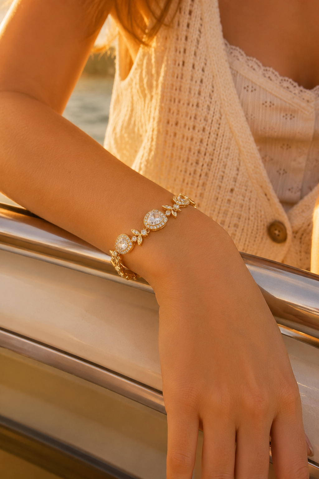 18K Real Gold Plated Pear-Cut Cubic Zirconia Leaf Vine Bracelet