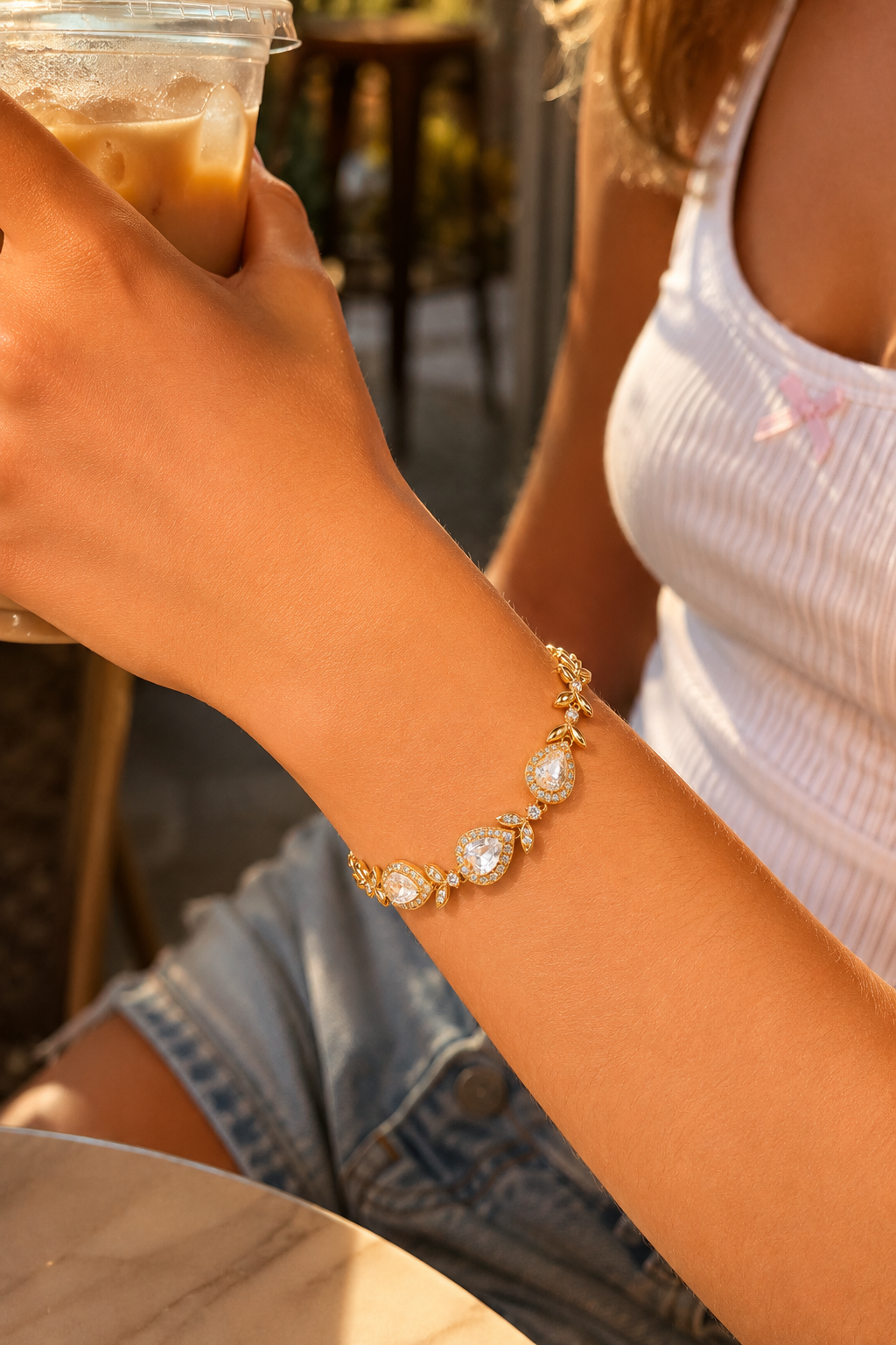 18K Real Gold Plated Pear-Cut Cubic Zirconia Leaf Vine Bracelet