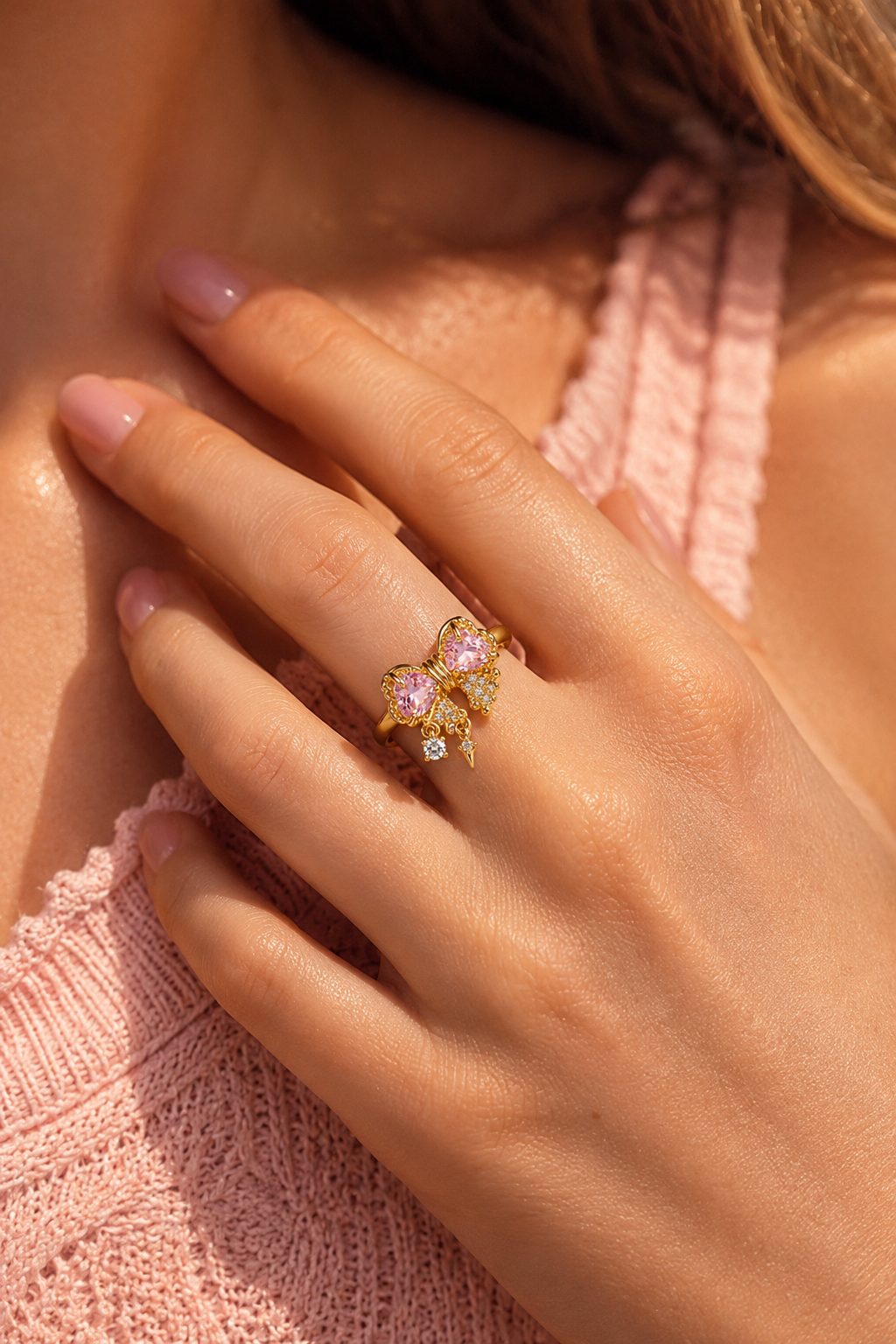 18K Gold-Plated Titanium Steel Sweetheart Sparkle Bow Ring