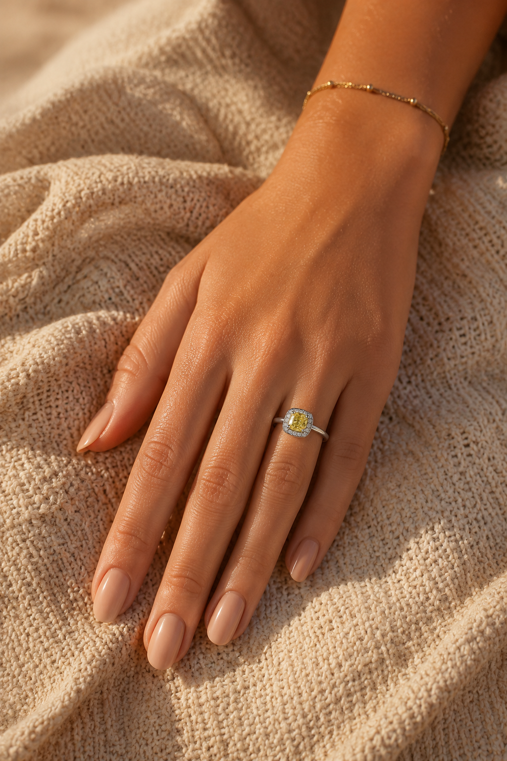 Lemon Glow Halo Ring – Cushion-Cut Yellow Gemstone Ring