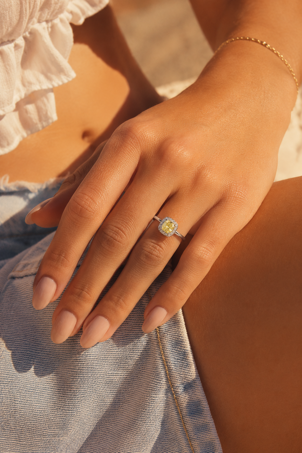 Lemon Glow Halo Ring – Cushion-Cut Yellow Gemstone Ring