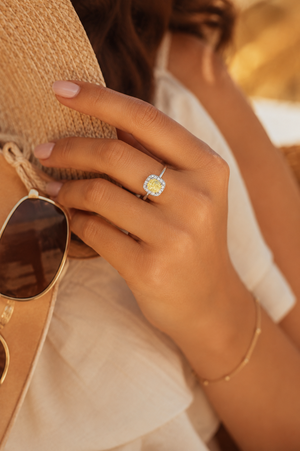 Lemon Glow Halo Ring – Cushion-Cut Yellow Gemstone Ring