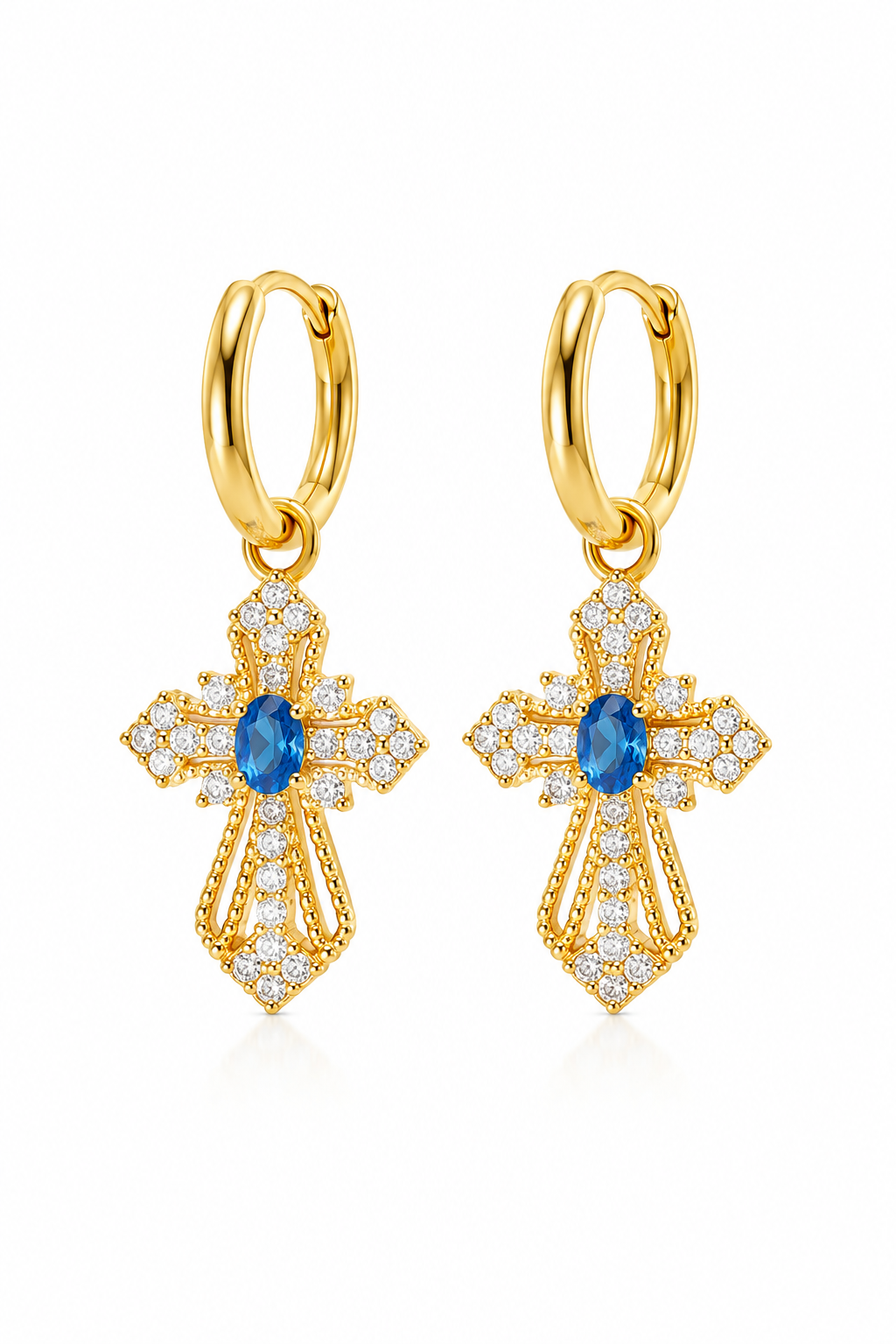 Sapphire Cross Pavé Gold Hoop Earrings